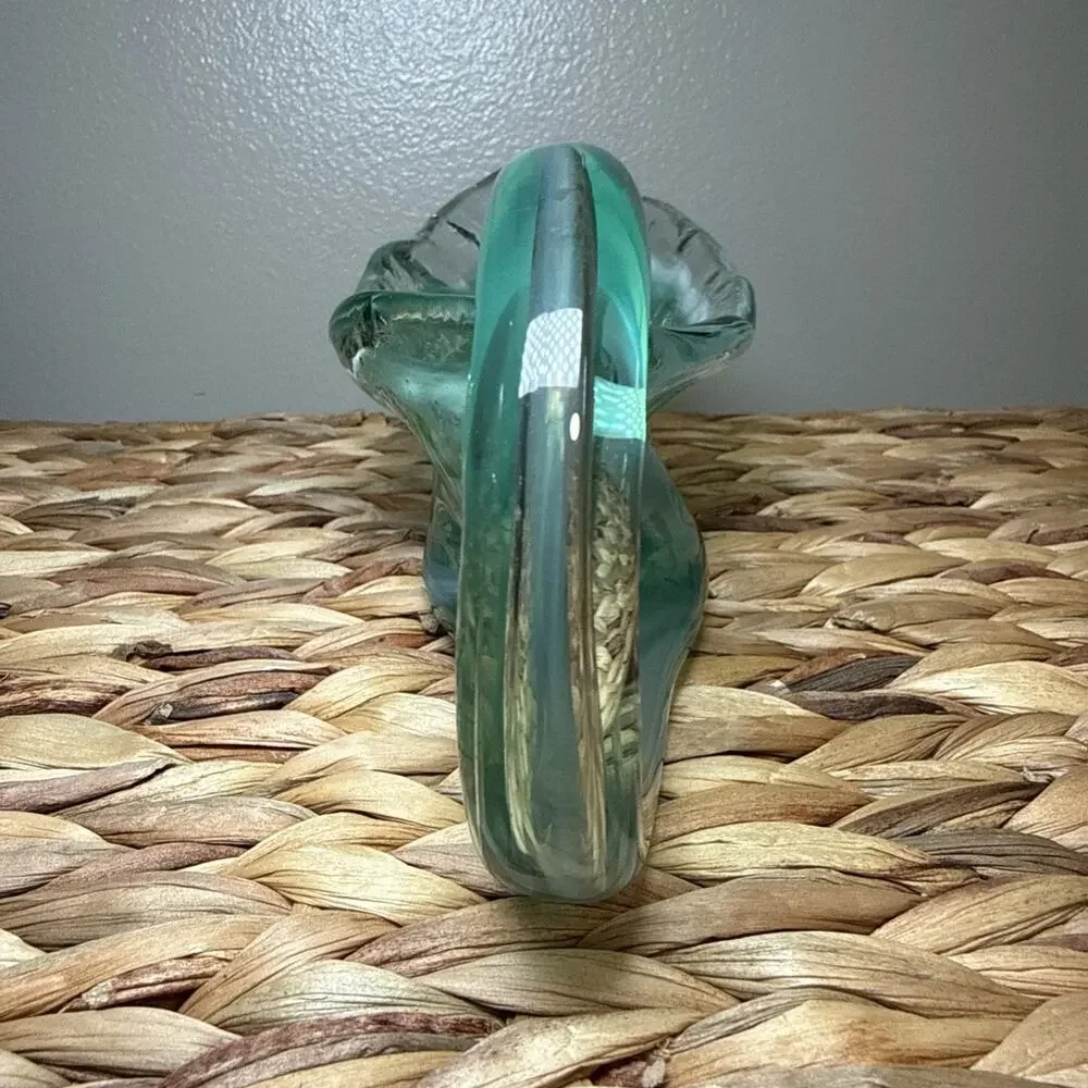 Vintage Aqua Art Glass Console Bowl Freeform Dish Vase Scroll Handle MCM 9.6”